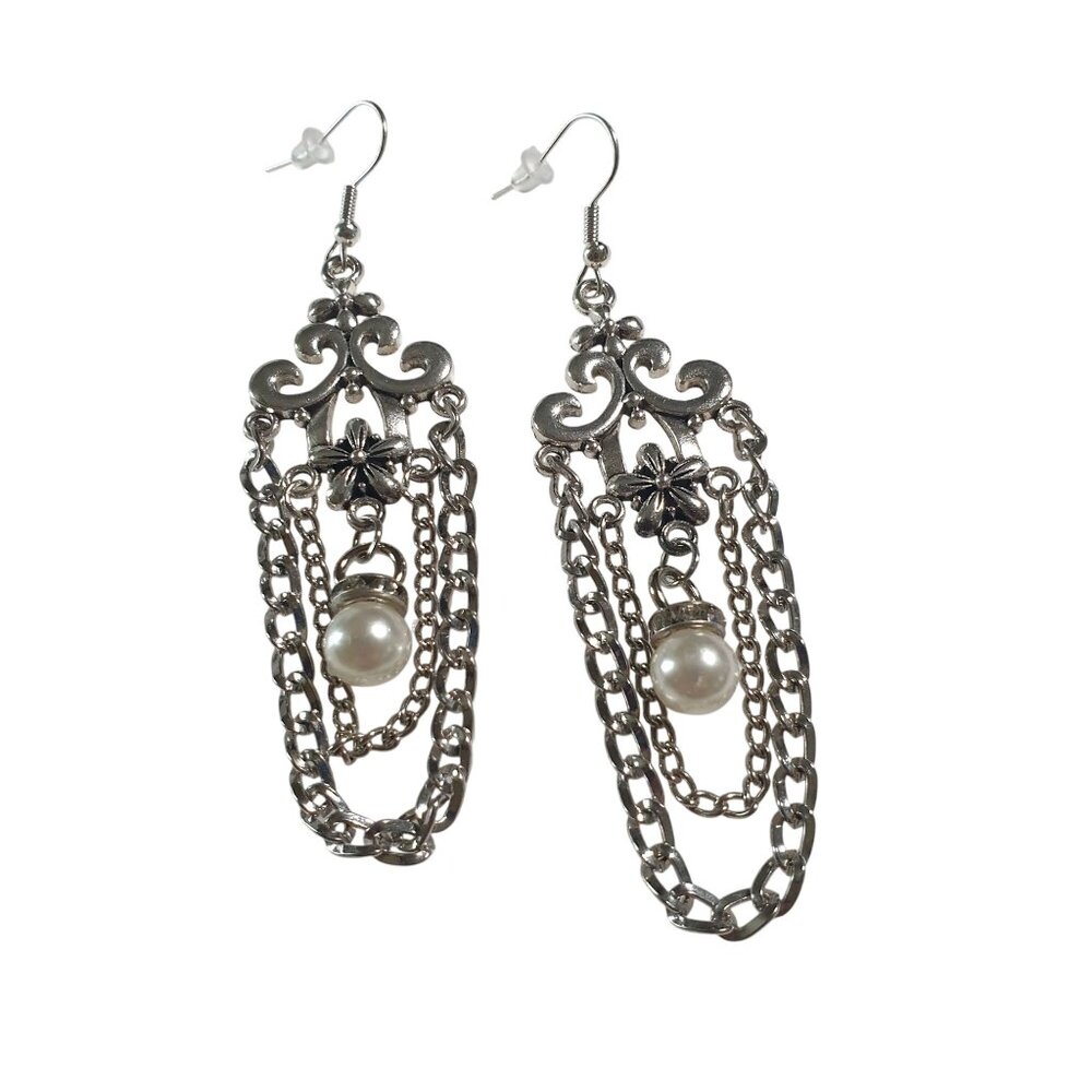 Silver Tone Dangle Earrings Ornate Design Chains Faux Pearl Accents Hook Back
